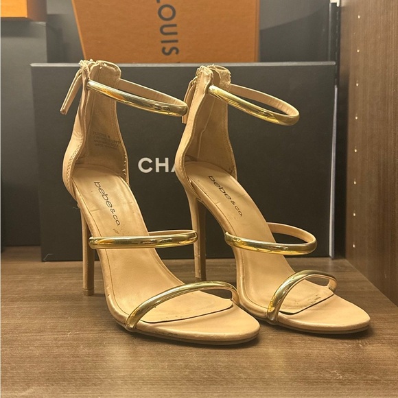 Bebe Gold Strappy Heels Soze 6 - Picture 1 of 6